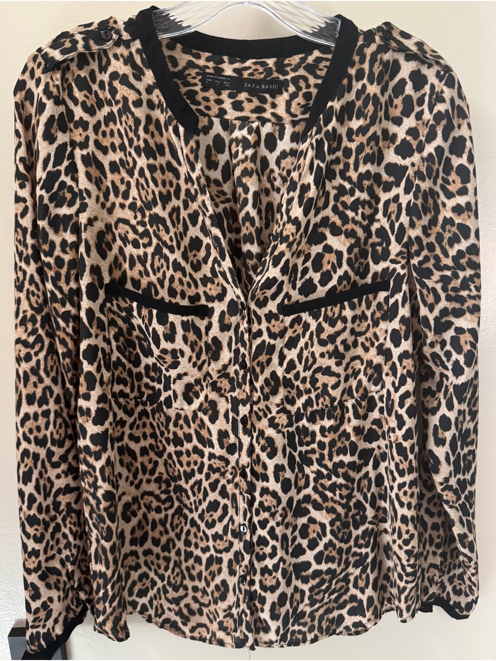 Zara Leopard-Print Button Front Blouse - Tan & Black Black Trim Details